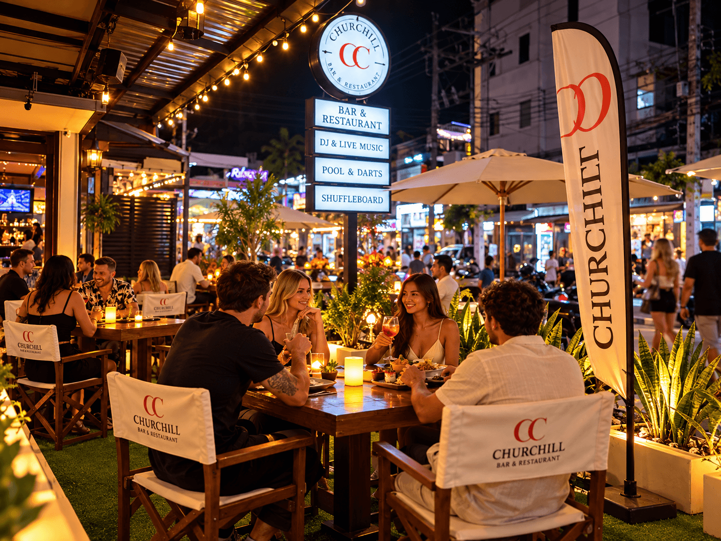 Guests on the Churchill terrace in Karon
